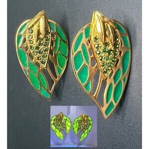 Berebi Golden Glower Green Rhinestone Leaf Clip Earrings